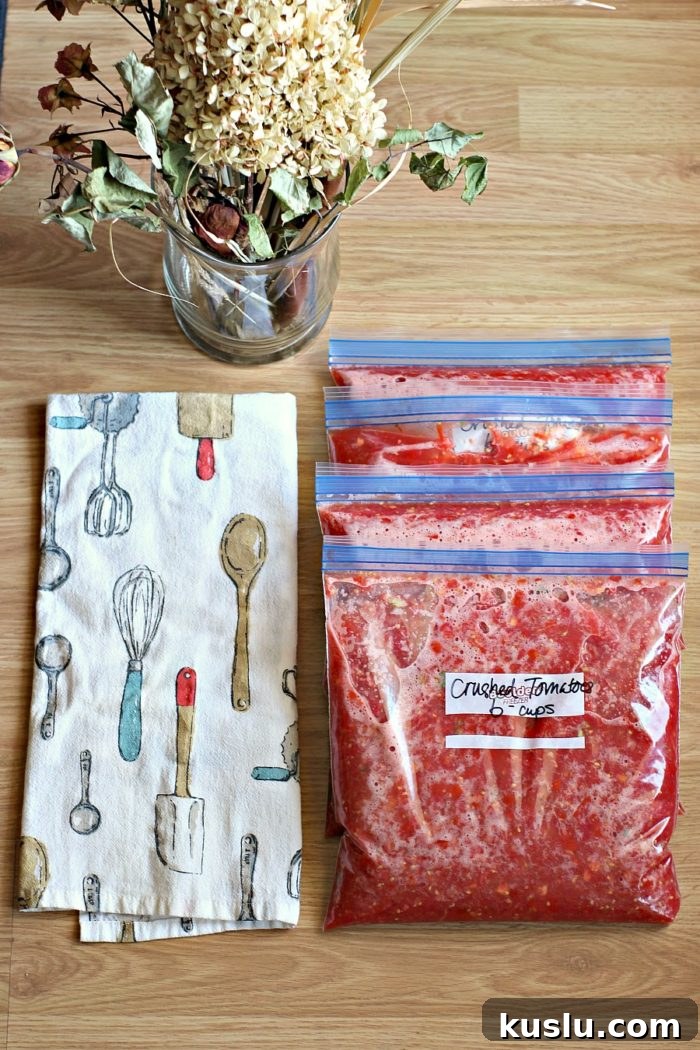 crushed tomatoes in plastic bags getting ready for the freezer