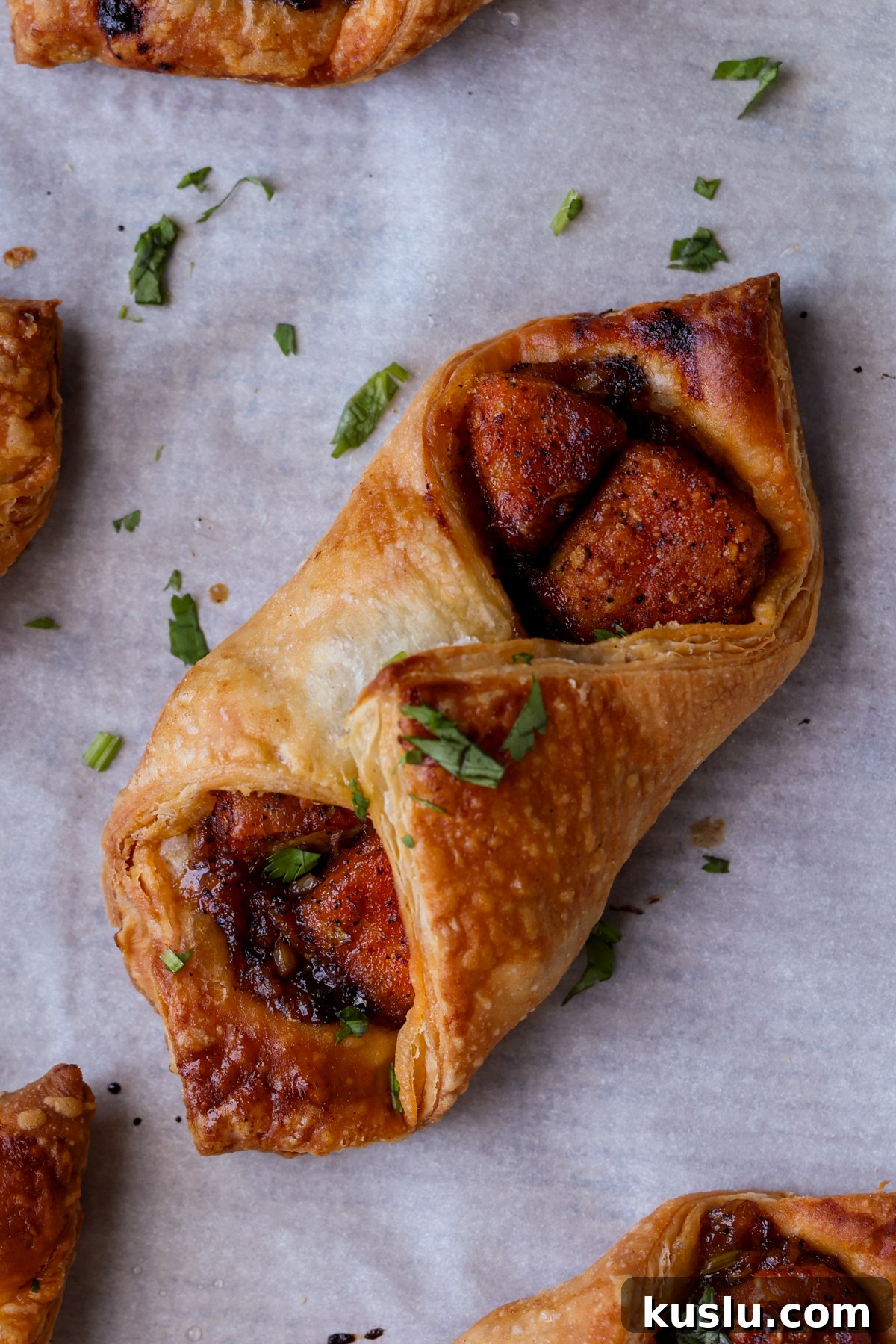 chilli garlic tofu puff pastry on the baking sheet