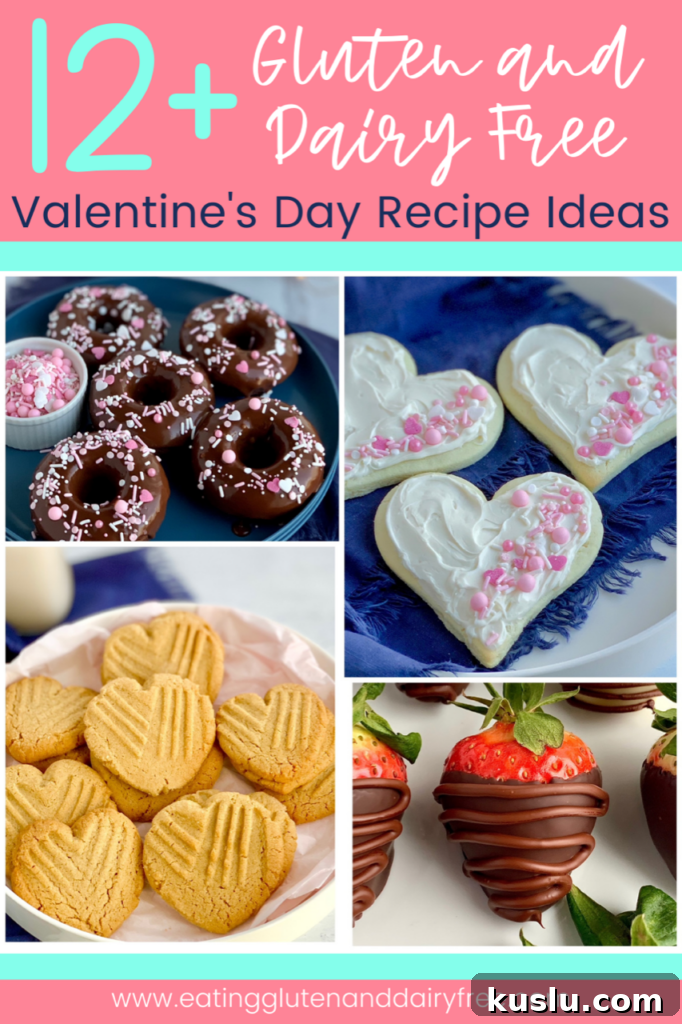 A collage of 4 different Valentine recipes-- chocolate donuts with a chocolate ganahce frosting and pink and white sprinkles on top. Also peanut butter cookies in teh shape of a heart with the classic criss cross fork marks. A large red strawberry dipped in melted chocolate with a another layer of chocolate drizzle over it. Lastly 3 heart shaped sugar cookies with white frosting and topped with white and pink sprinkles.