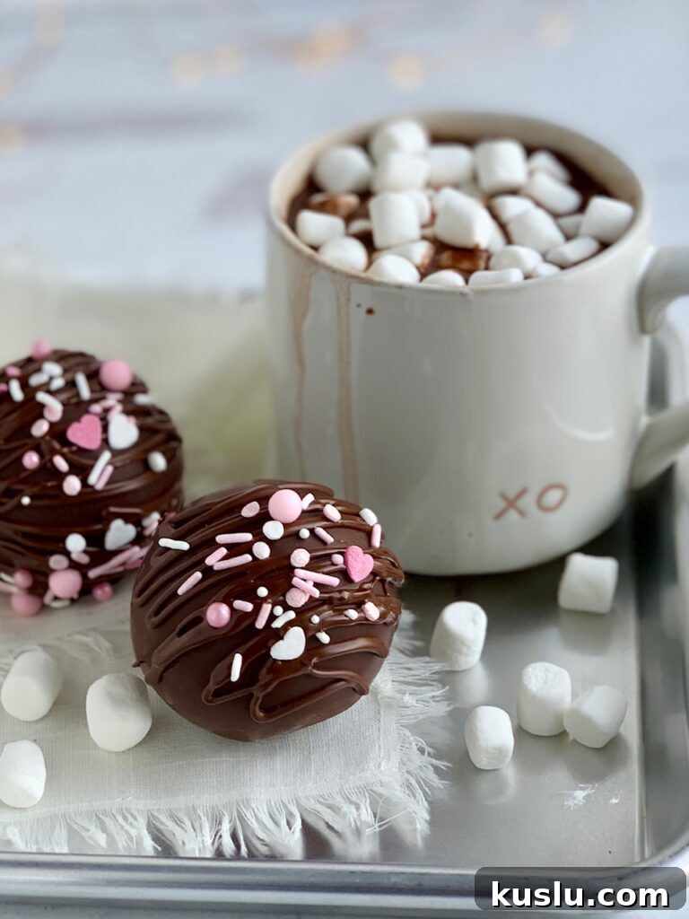 2 hollow chocolate balls filled with hot chocolate mix and sprinkles then decorated with drizzled chocolate on the outside and white and pink sprinkles. All next to a  mug of hot chocolate. 