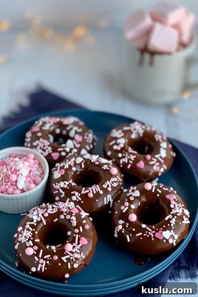 Chocolate Donuts with a chocolate ganache icing topped with white and pink sprinkles on a blue plate.
